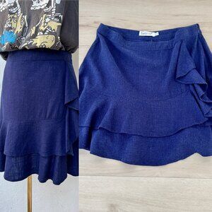 Sunny Girl Navy Asymmetrical Ruffle Mini Skirt 100% Linen Sz 14 / Dark Coquette